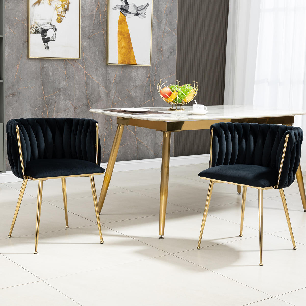 ESSZIMMERSTÜHLE 2er Set Samtbezug mit Metallrahmen, Schwarz - Goldfarben/Schwarz, Textil/Metall (55.5/74/50cm) - LVHOM