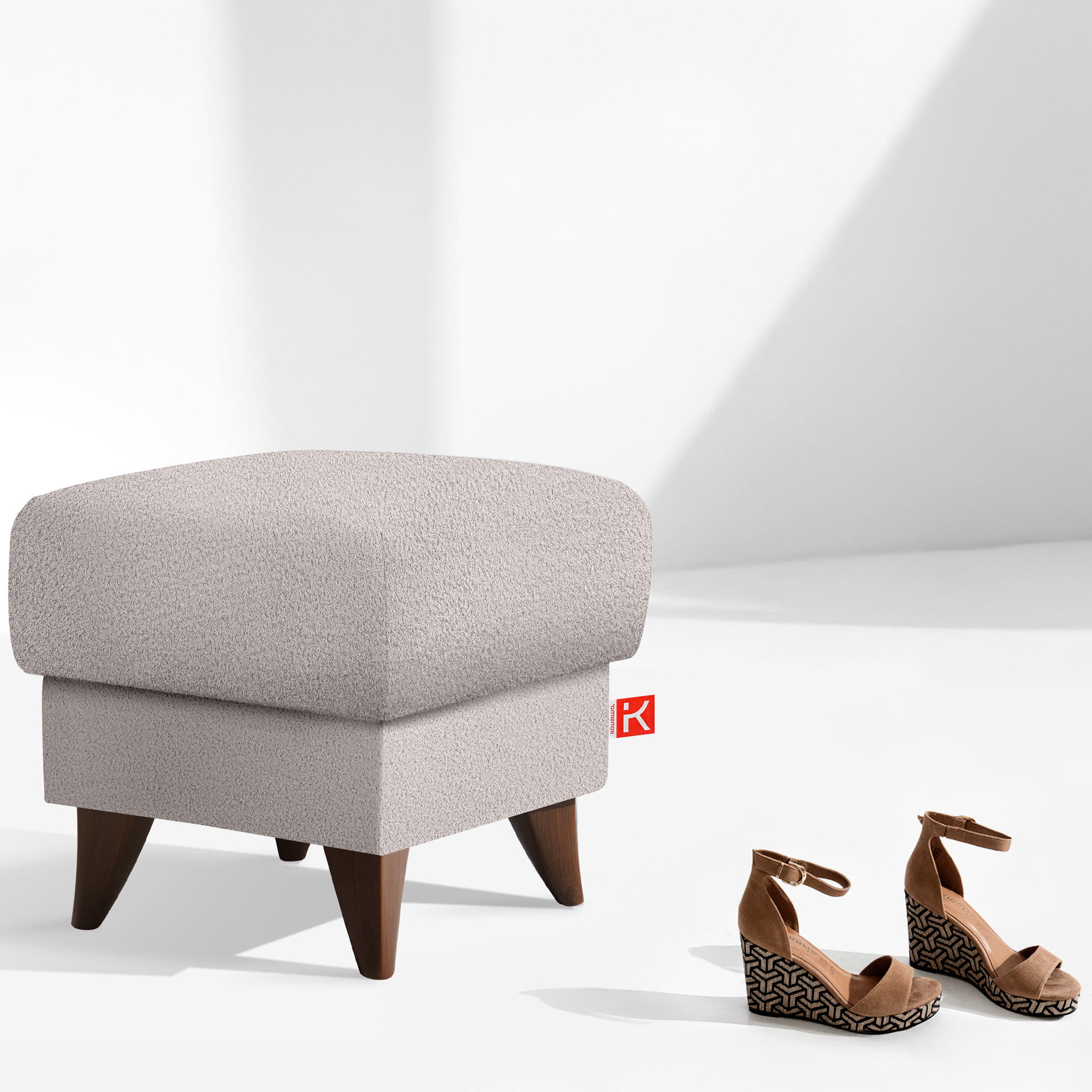 HOCKER GUSTAVO Fußstütze, Bouclé, Grau - Grau, Holz/Holzwerkstoff (53/49/53cm) - KONSIMO®