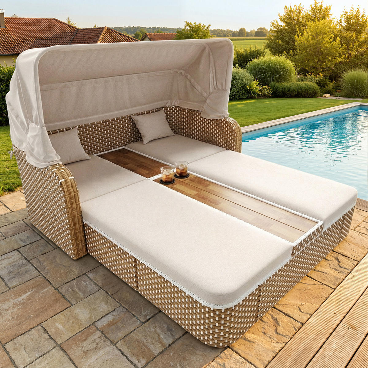 LOUNGESET Beige/Grau Mit Sonnenschutz & Pavillon - Beige, Metall (160/137/192cm) - FLIEKS