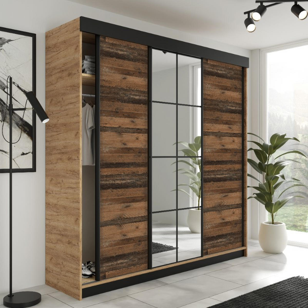 DULAP CU UȘI GLISANTE LAMARO - 200x205x59 cm - stejar Craft auriu și Old Style - stejar miere/maro închis, compozit lemnos (200/205/59cm) - Kier Furniture