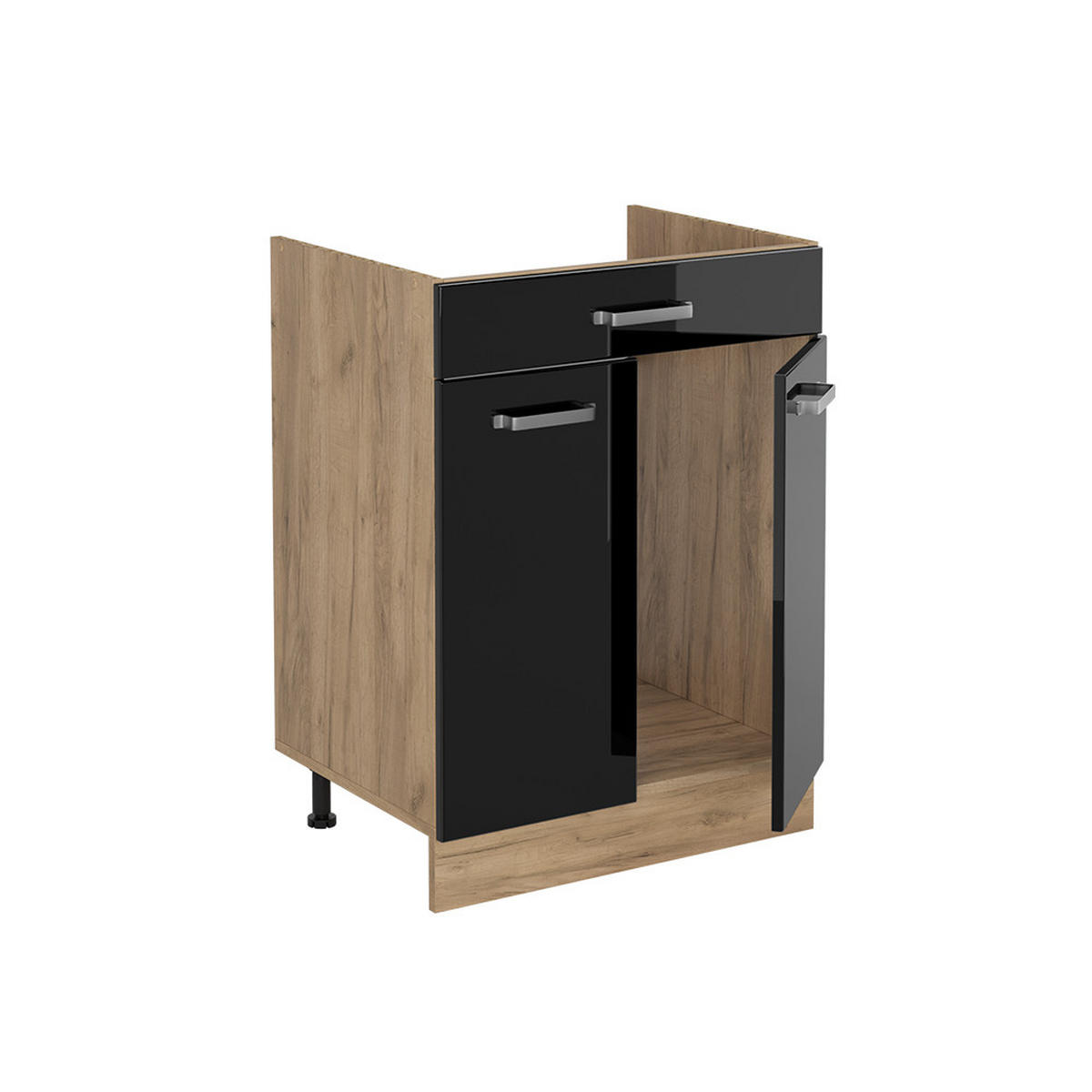 DULAP DE BAZĂ DE BUCĂTĂRIE R-Line, Negru lucios ridicat/Stejar auriu, 60 cm cu sertar fără blat de lucru - stejar miere/negru cu luciu intens, compozit lemnos (60/81.6/46cm) - Vicco
