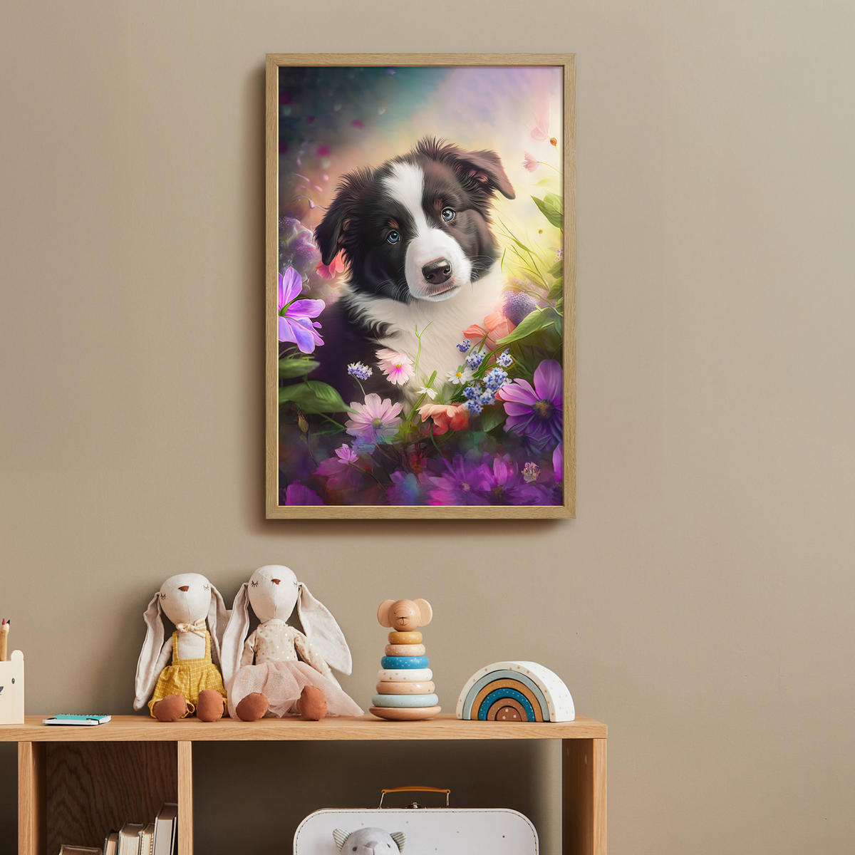 DOBÍJECÍ NOČNÍ LAMPIČKA Štěně - Slunce - Květiny - Příroda - Border kolie - Pes 40x60 cm - fialová, kompozitní dřevo (8/40/60cm) - OnlyWow