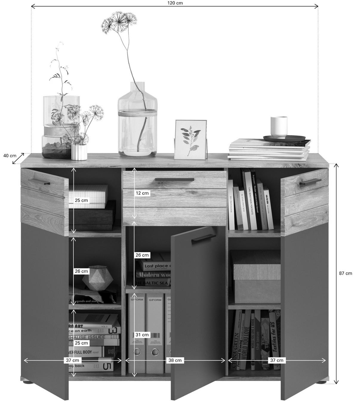KOMMODE Eiche, grau 120 cm, Sideboard mit Soft-Close, Wohn- und Esszimmermöbel - Eichefarben/Schwarz, Holzwerkstoff/Kunststoff (120/87/40cm) - Inn.Furn