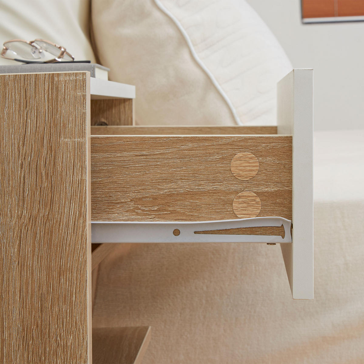 NACHTSCHRANK 2er-Set DE-12807 Schublade und offenes Fach Weiß/Eiche hell - Weiß, Holzwerkstoff (30/30/46cm) - ComfortXL
