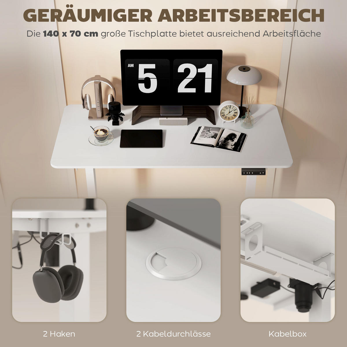 HÖHENVERSTELLBARER Schreibtisch 140 x 70cm Elektrisch Computertisch mit Haken - Weiß, Kunststoff (140/70/116cm) - Vinsetto