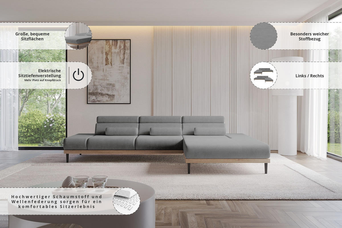 ELEKTRISCHES ECKSOFA Rechts MONA 316x205x85 Grau Velours - Taupe, Holzwerkstoff/Textil (316/205cm) - ALTDECOR
