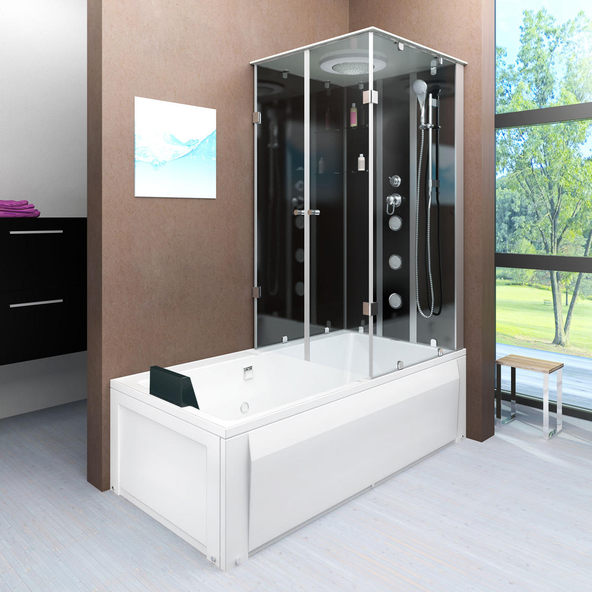 DUSCHE Wanne Kombination K05-L30-EC 180x90 - Schwarz, Glas/Kunststoff (90/225/180cm) - AcquaVapore by Sandra Jentho