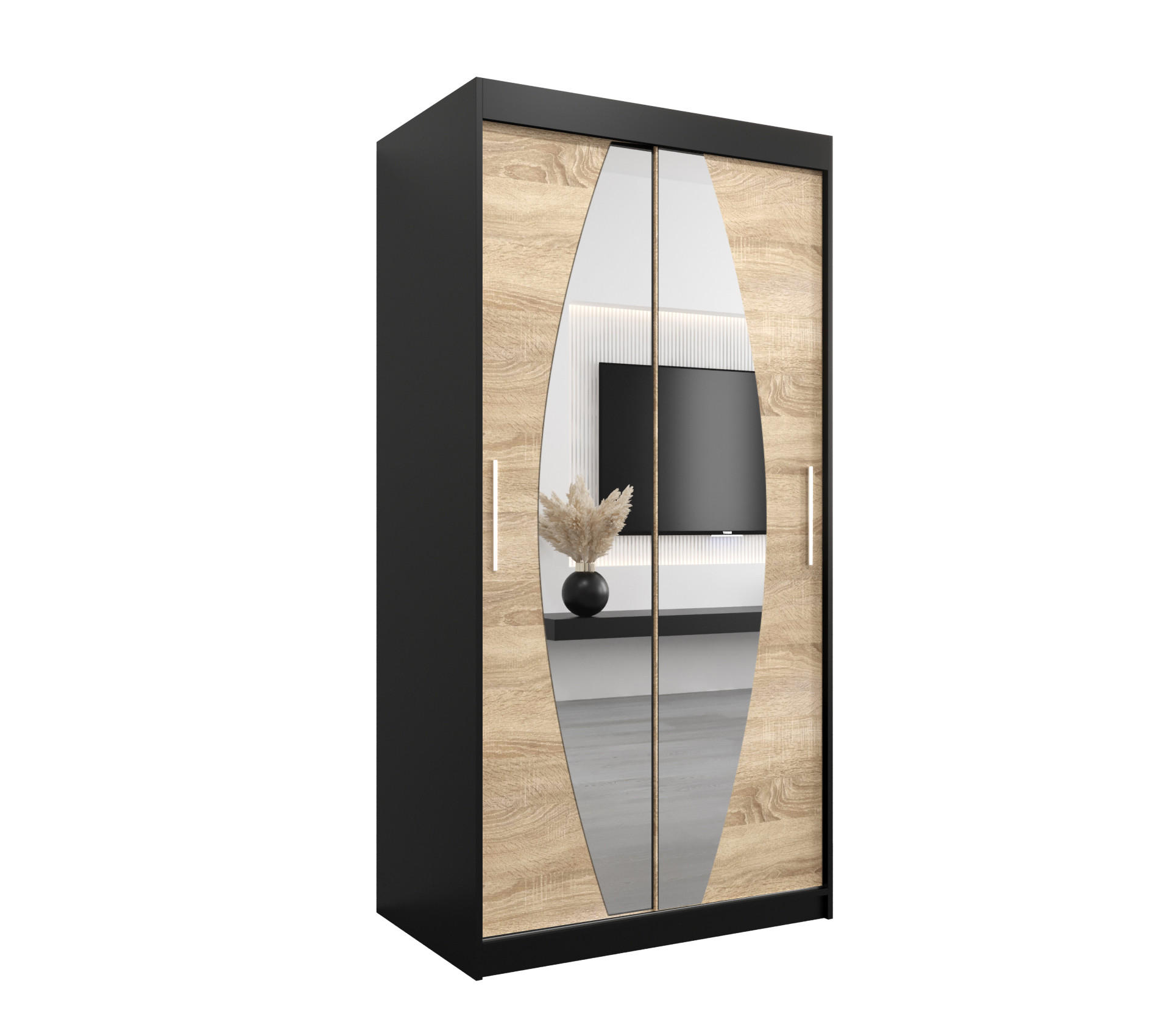 Abiks Möbel Schwebetürenschrank Schwarz, Sonoma Eiche 100x200x62 cm