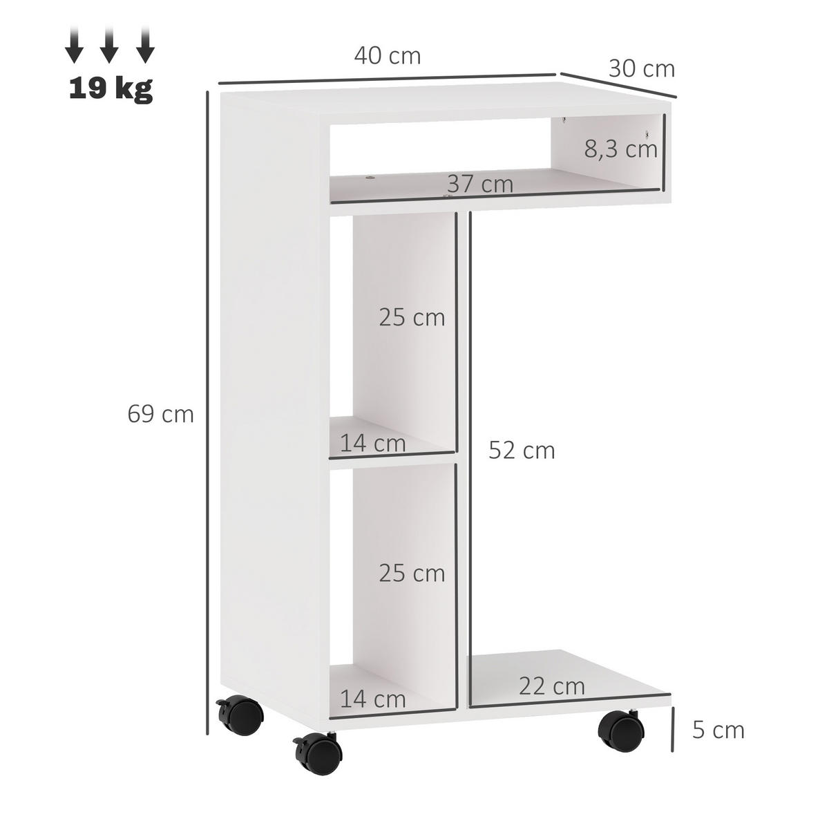 BEISTELLTISCH aus Sperrholz 40x30x69 cm Weiß mit Rollen und 3 Fächern - Weiß, Holzwerkstoff (40/30/69cm) - IVMEU