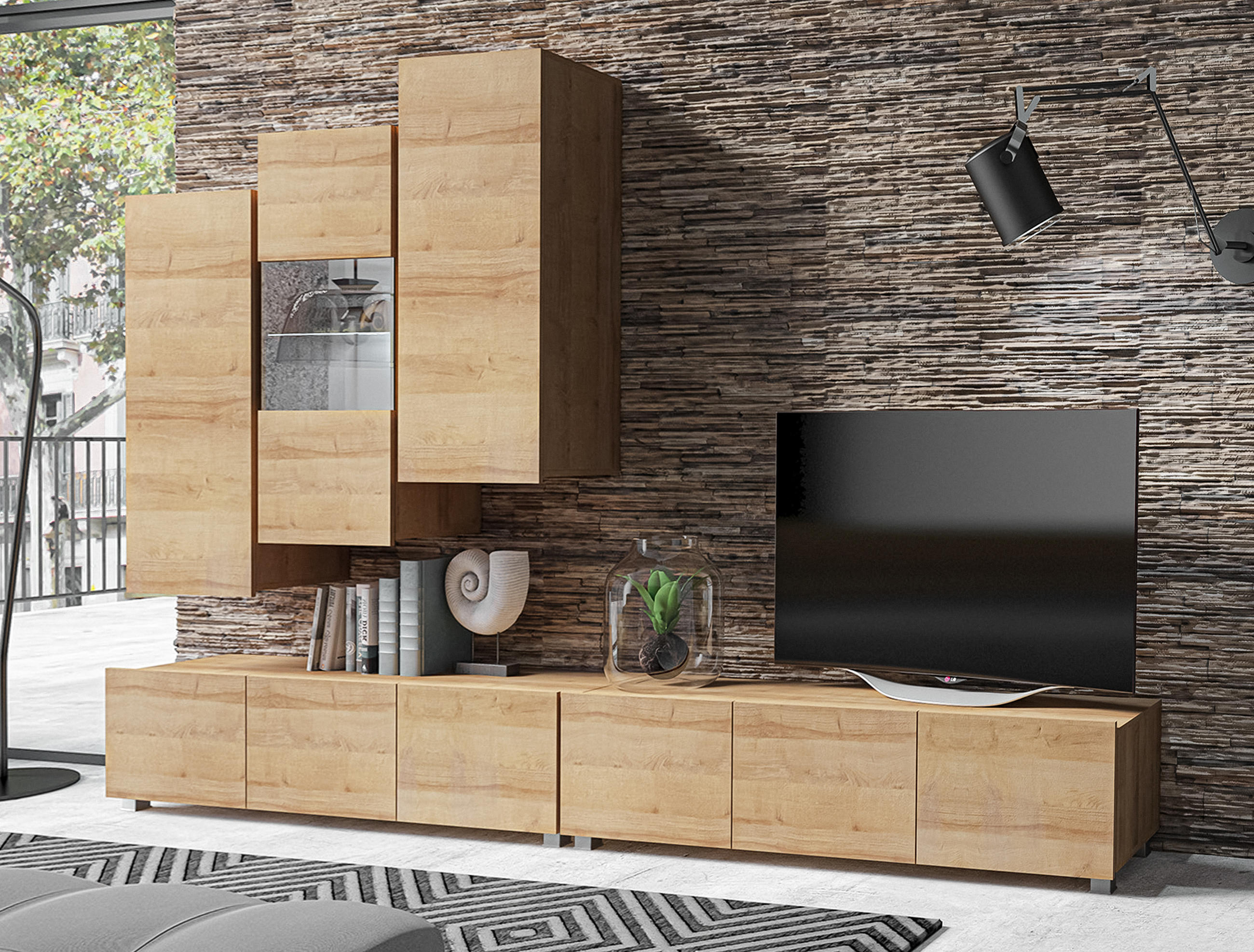 WOHNWAND Kossana 11 Goldene Eiche 300/142/43 cm Design - Hellbraun, Holzwerkstoff/Kunststoff (300/142/43cm) - AX Living