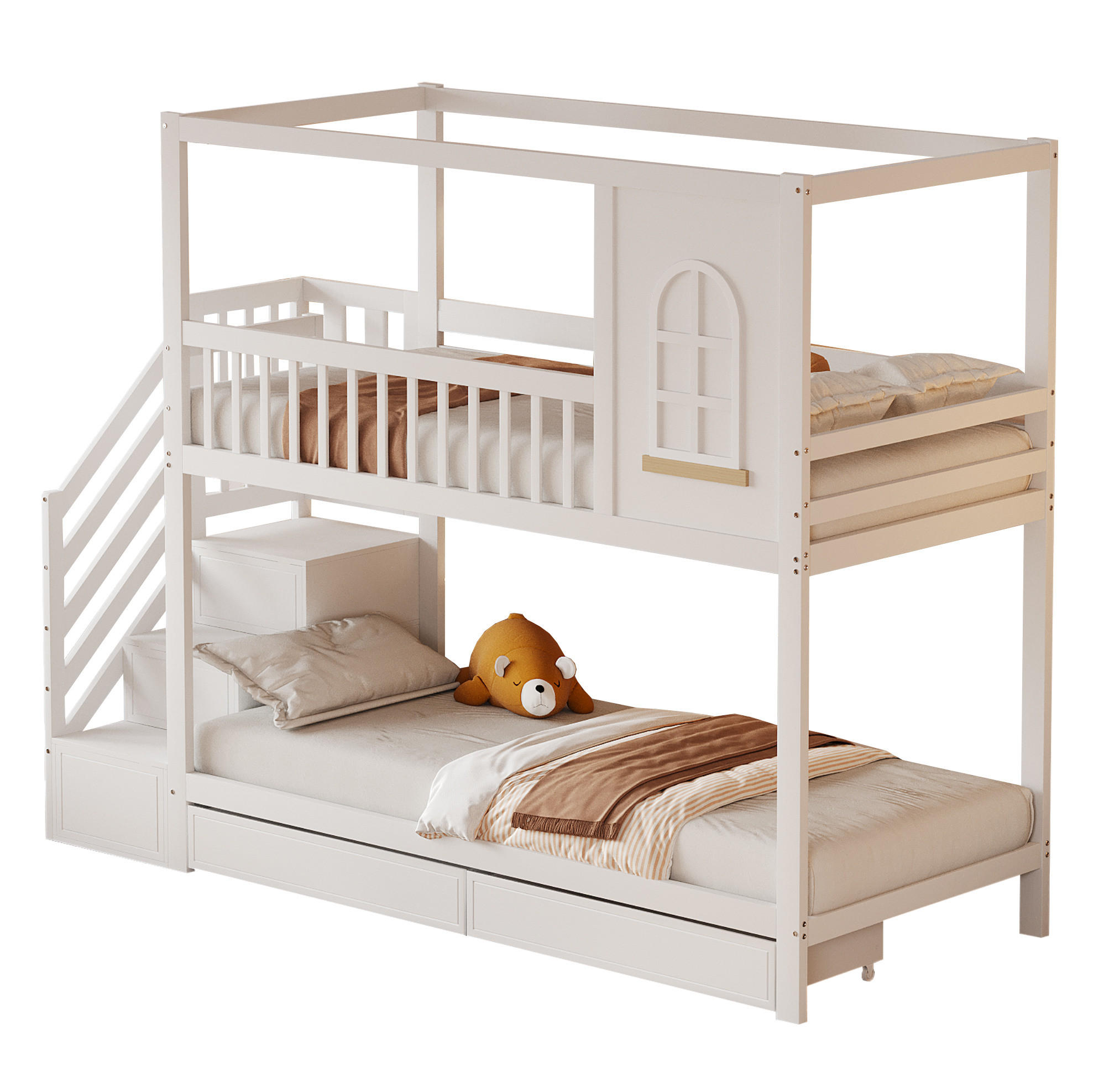 ETAGENBETT 90/200 cm Weiß mit Sicherheitszaun und Stauraum - Weiß, Holz (90/200cm) - OKWISH