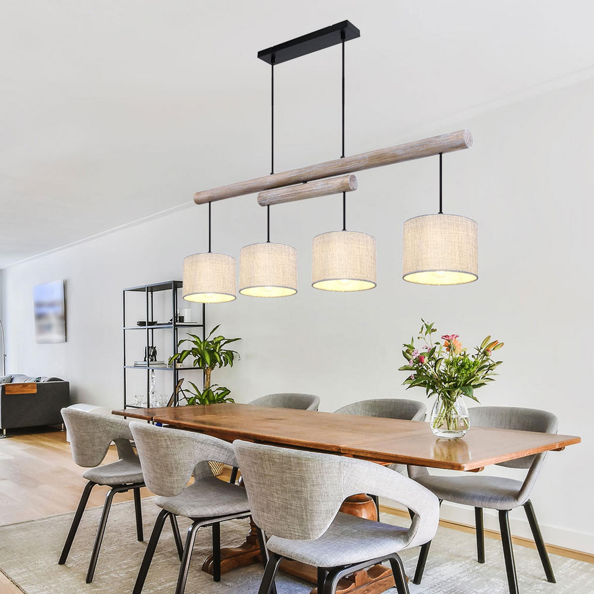 HÄNGELEUCHTE Holzoptik Beige Schwarz - Beige, Holz (113/18/120cm) - Globo Lighting
