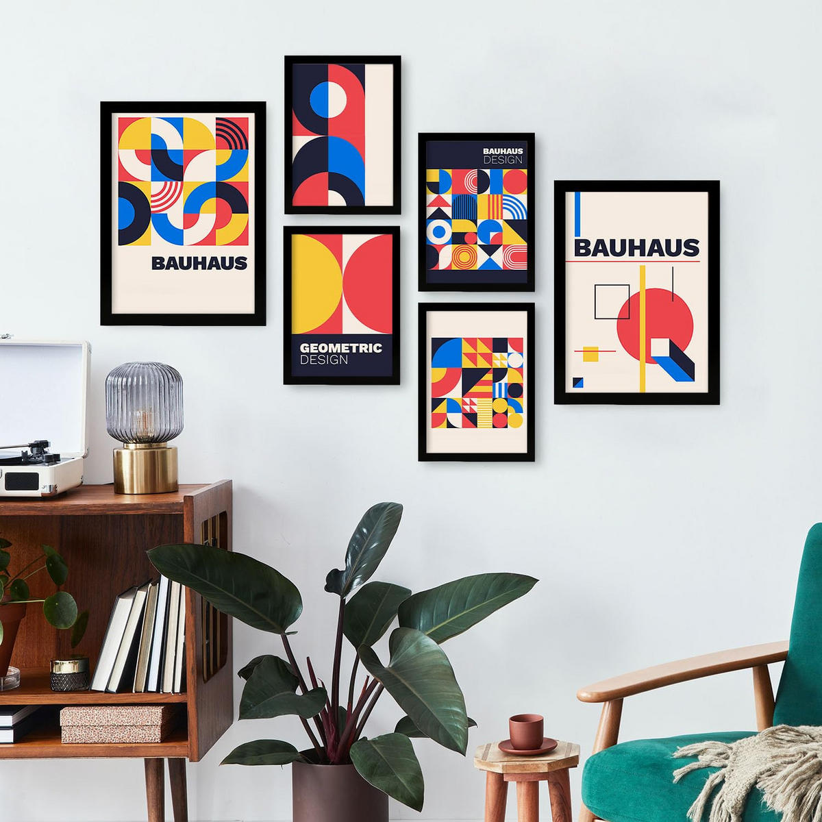 POSTER Set Mit 6 Drucken Im Bauhaus 2 Geometrische Designkollektion Drucke Mit Ästhetische Dekorative Rahmen Für Zuhause A3 & A4 Schwarzer Rahmen - Schwarz, Papier (29/3cm) - Nacnic