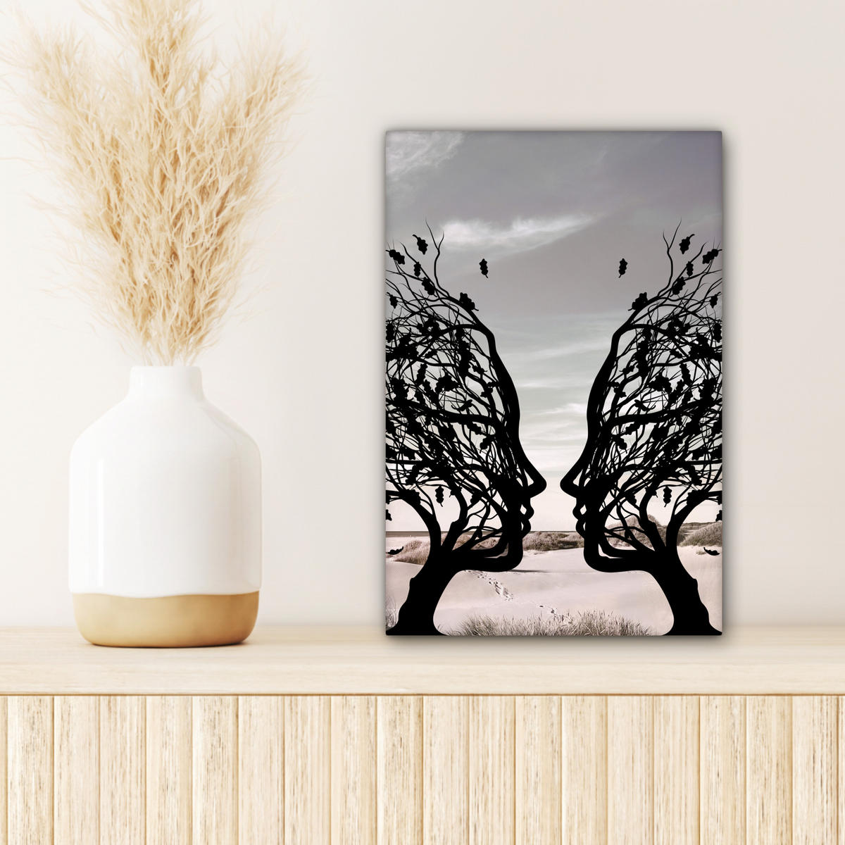 LEINWANDBILD Strand - Meer - Menschen - Baum - Moderne Kunst 20x30 cm - Hellgrau, Textil (20/30cm) - MuchoWow
