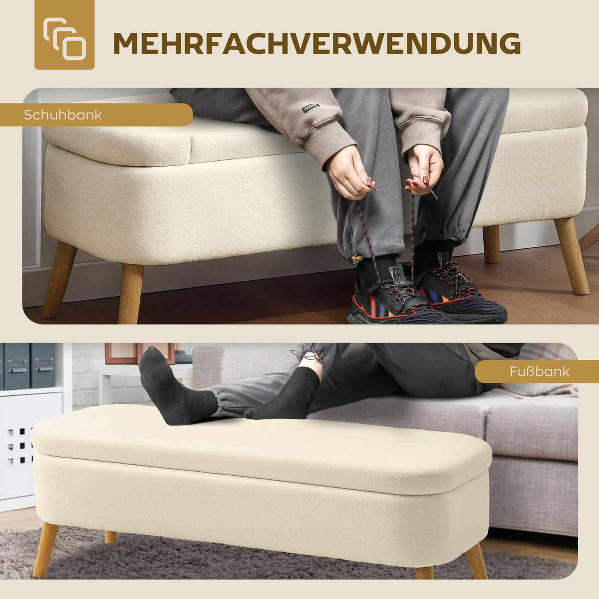 SITZBANK Polyester Kautschukholz Beige - Beige/Naturfarben, Holz/Textil (42/45/120cm) - HOMCOM