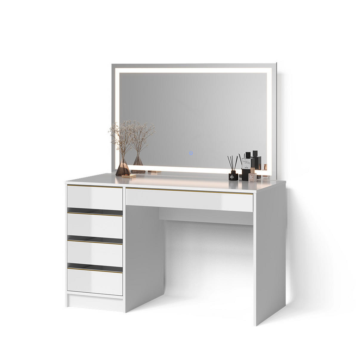 SCHMINKTISCH Imola Weiß/Gold 120 cm mit LED-Spiegel - Goldfarben/Weiß, Holzwerkstoff (120/75/55cm) - Livinity®