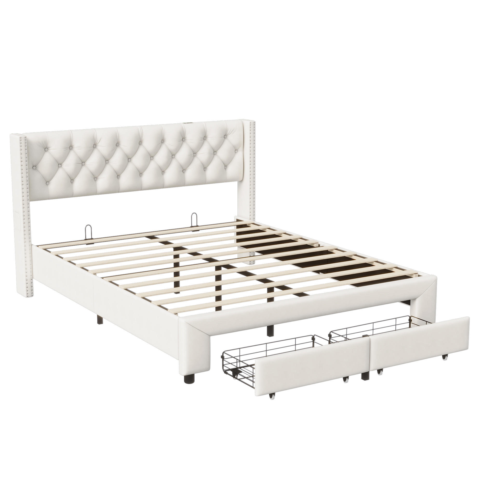 POLSTERBETT 160x200 cm, 2 Fußschubladen, LED-Leiste, Doppel-USB, beiger Samtstoff - Beige, Holz (160/200cm) - BRILVERDE