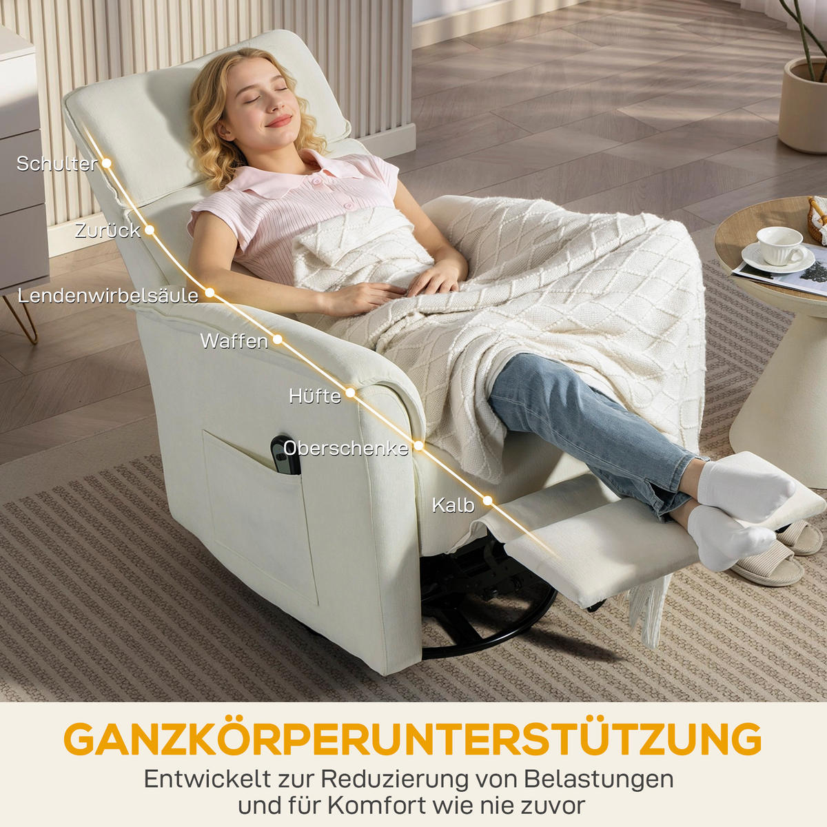 RELAXSESSEL DE-06431 mit Liegefunktion, 135° neigbar, verstellbare Kopfstütze Cremeweiß - Creme, Holzwerkstoff/Textil (78/105/91cm) - ComfortXL