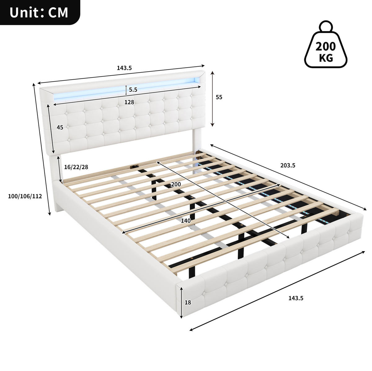 BETT mit LED-Beleuchtung 140x200 cm PU Weiß 2 Pakete - Weiß, Metall (140/200cm) - Meubliv