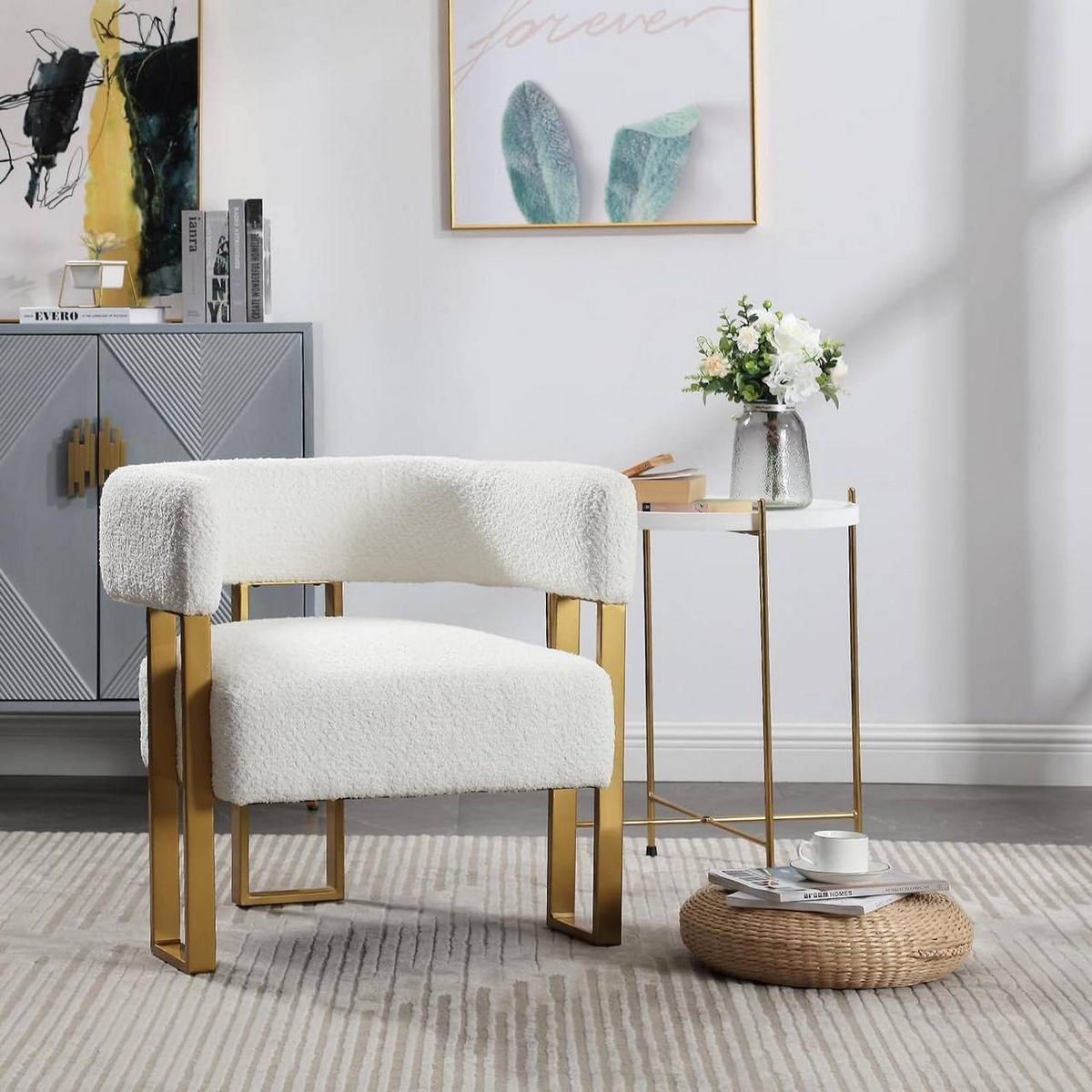 RELAXSESSEL aus Chenille, Cremeweiß - Goldfarben/Creme, Textil/Metall (65.5/70/60cm) - Woltu