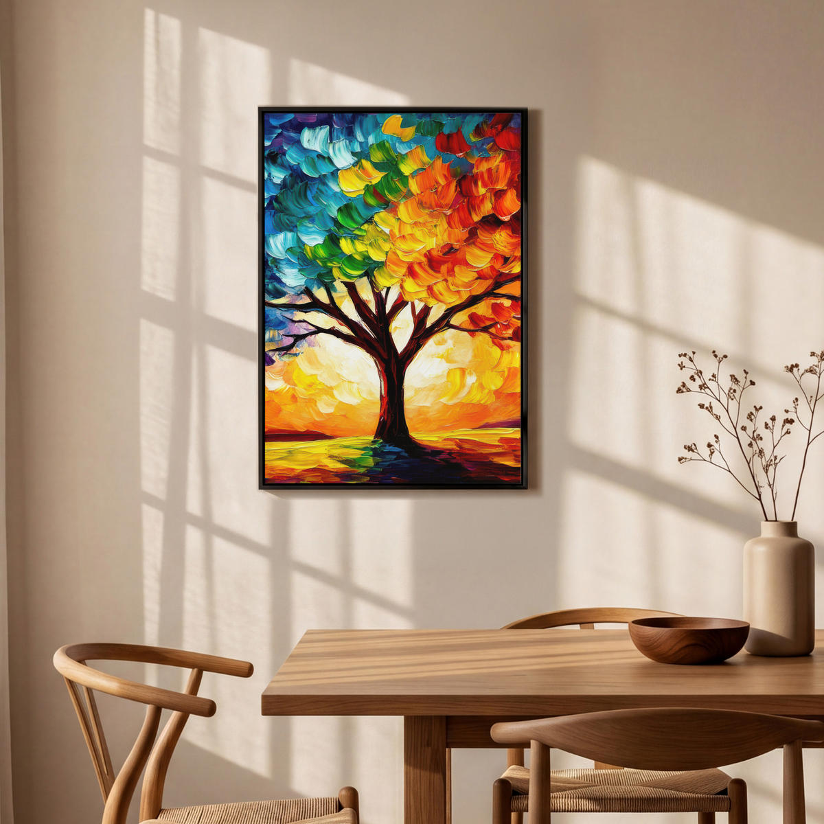LEINWAND Bilder mit Rahmen - Baum - Kunst - Natur - Sonnenuntergang - 60x90 - Multicolor, Textil (60/90cm) - MuchoWow