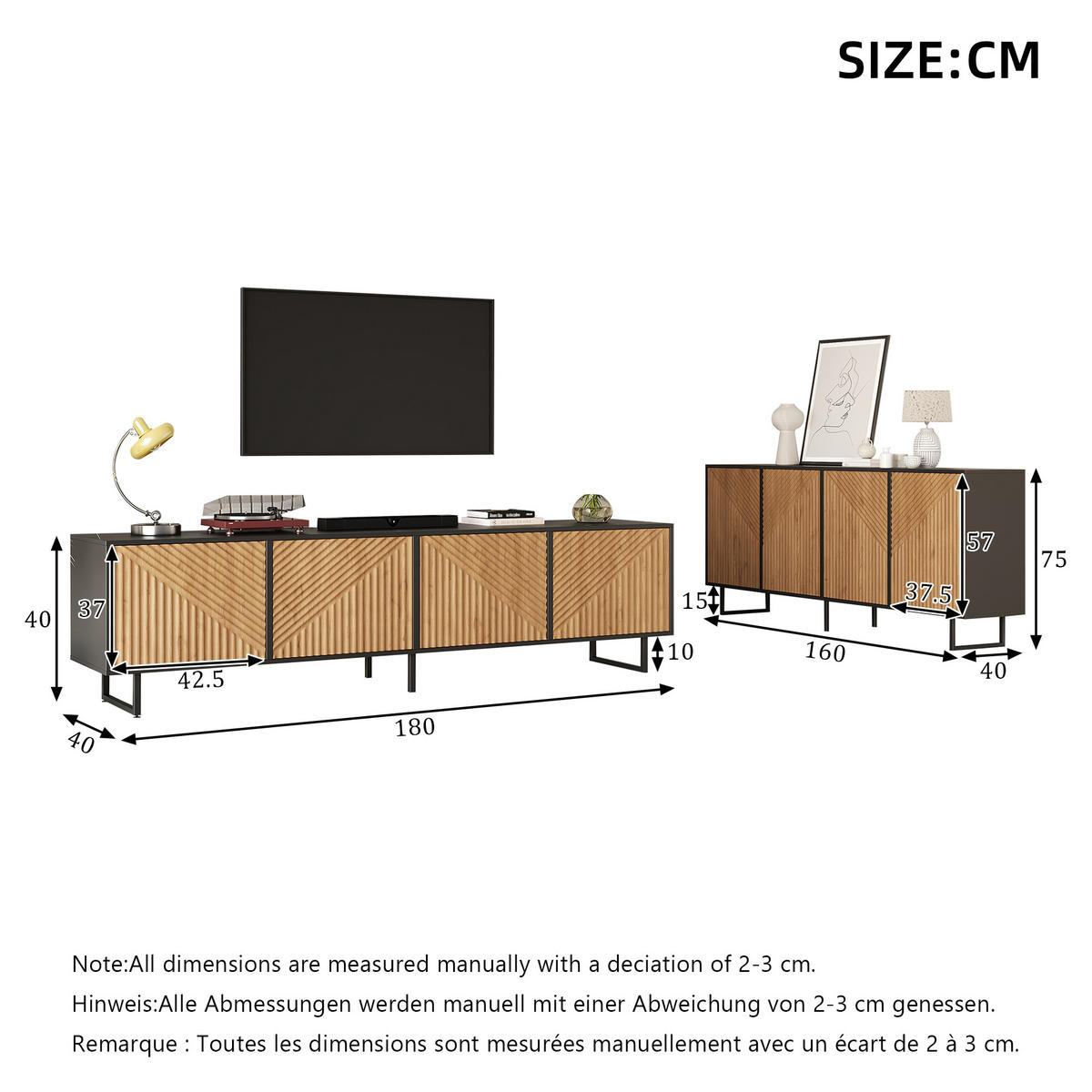 OBÝVACÍ STĚNA Dřevo Černá TV Komoda Sideboard 180 cm - přírodní, kompozitní dřevo (180/40/40cm) - FLIEKS