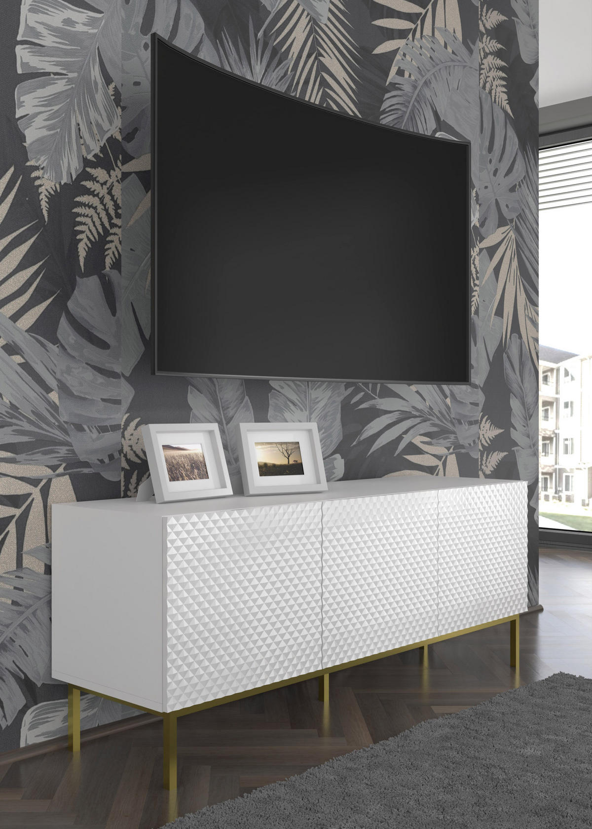 TV LOWBOARD Weiß, Weiß Hochglanz, Gold 150/58/42 - Weiß Hochglanz/Weiß, Holzwerkstoff (150/58/42cm) - RAUMHIRSCH FURNITURE