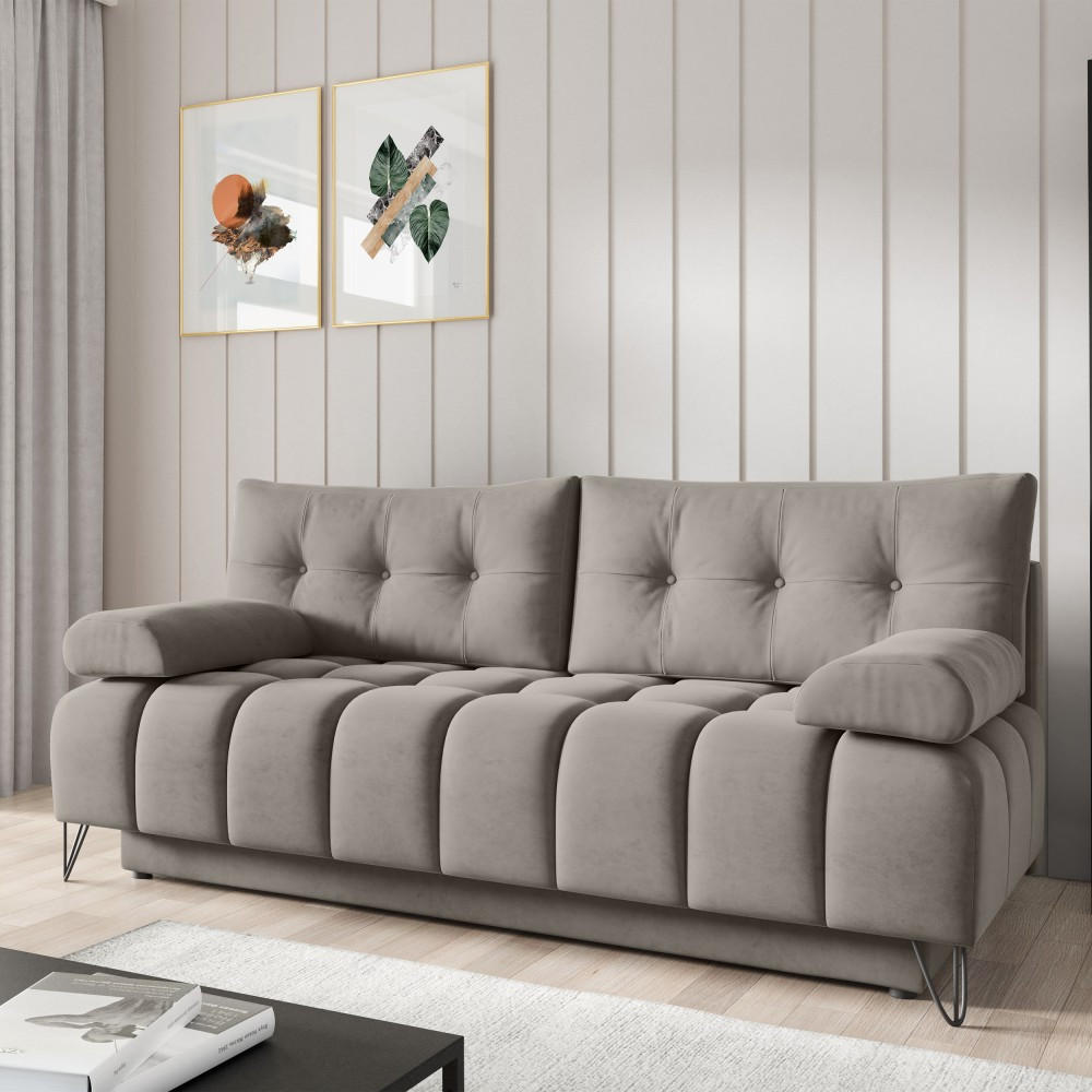 SCHLAFSOFA Bergen im Veloursstoff, Dunkelbeige - Beige/Schwarz, Textil (197/93/100cm) - Beautysofa