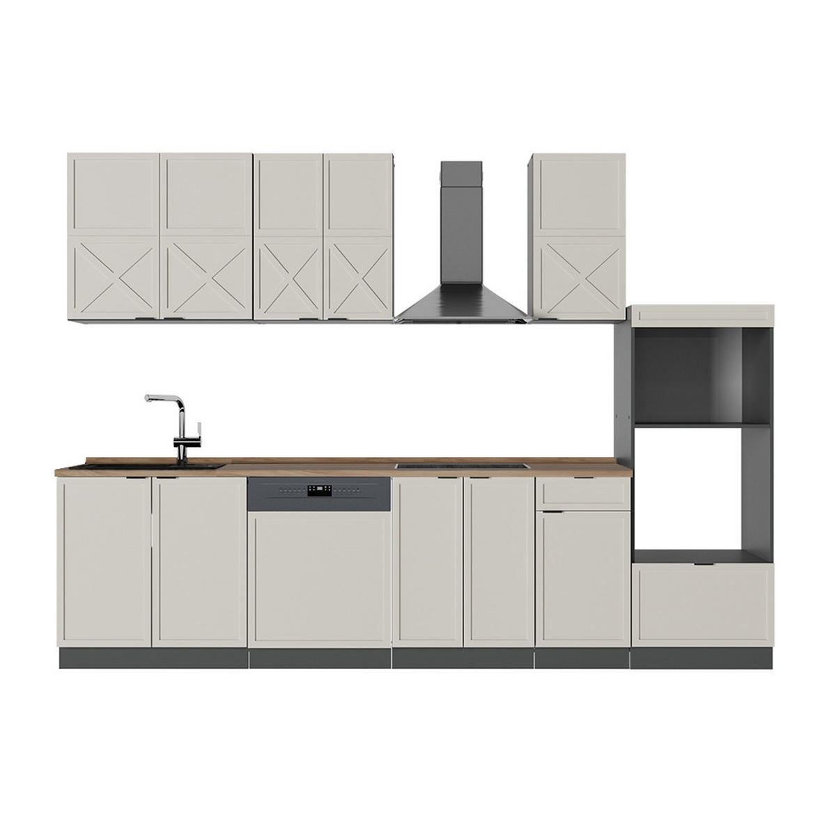 KÜCHENZEILE Fame-Line GrauBeige/Anthrazit 300 cm mit Hochschrank AP Eiche - Anthrazit/Grau, Holzwerkstoff (300/81.6/60cm) - Vicco