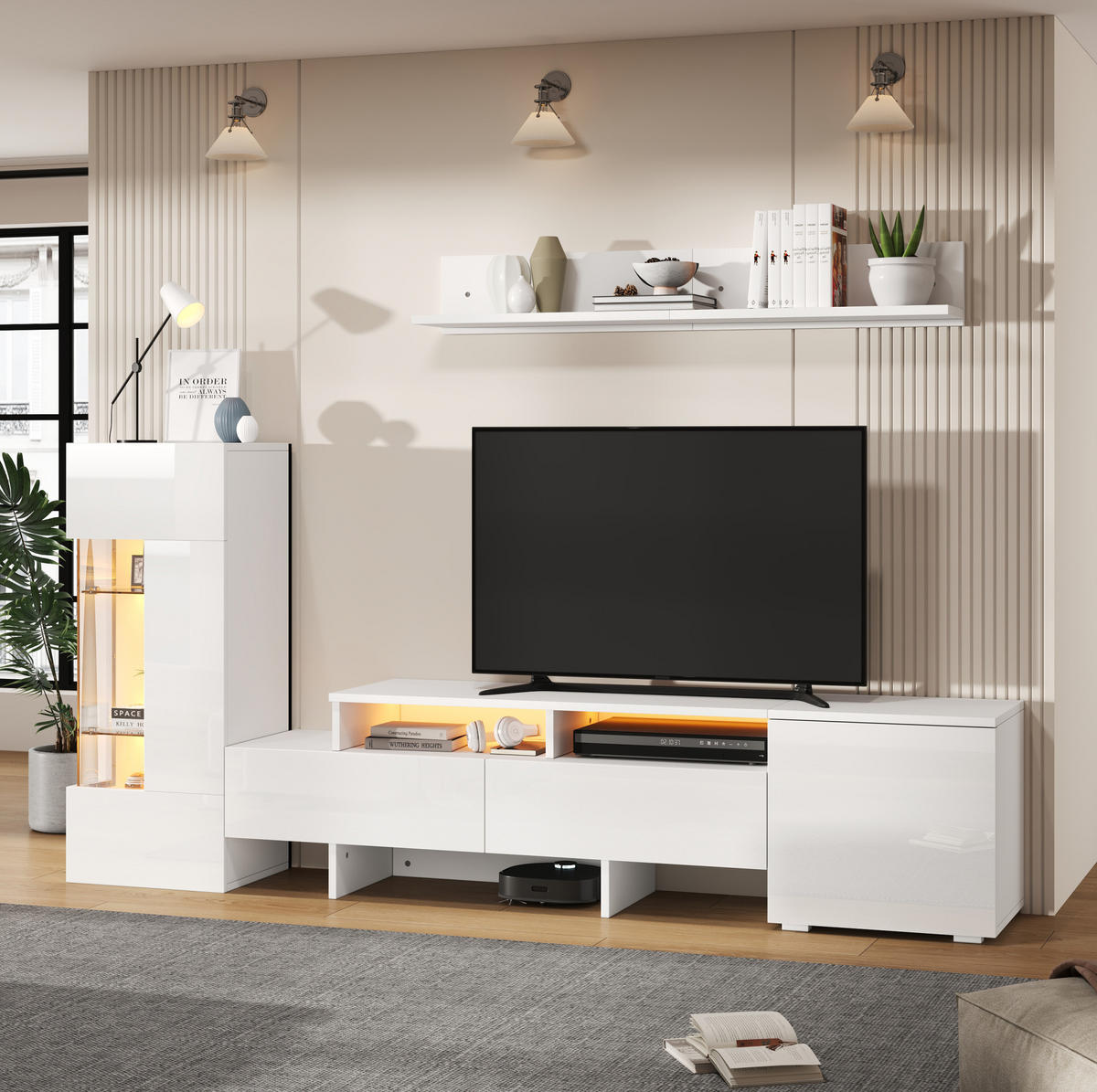 OBÝVACIA stena 170/35/45 cm biela s LED osvetlením a vysokým leskom z drevotriesky, akrylu a skla - biela, kompozitné drevo (170/45/35cm) - OKWISH