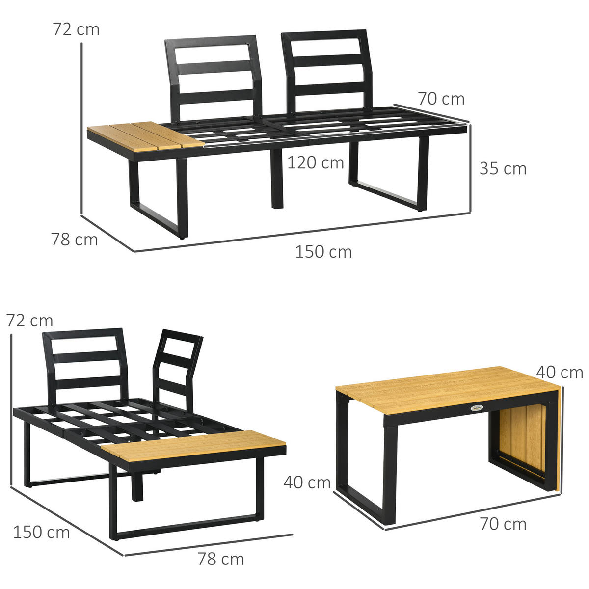 GARTENMÖBEL-SET, Aluminium, Hellgrau - Hellgrau, Metall - Outsunny
