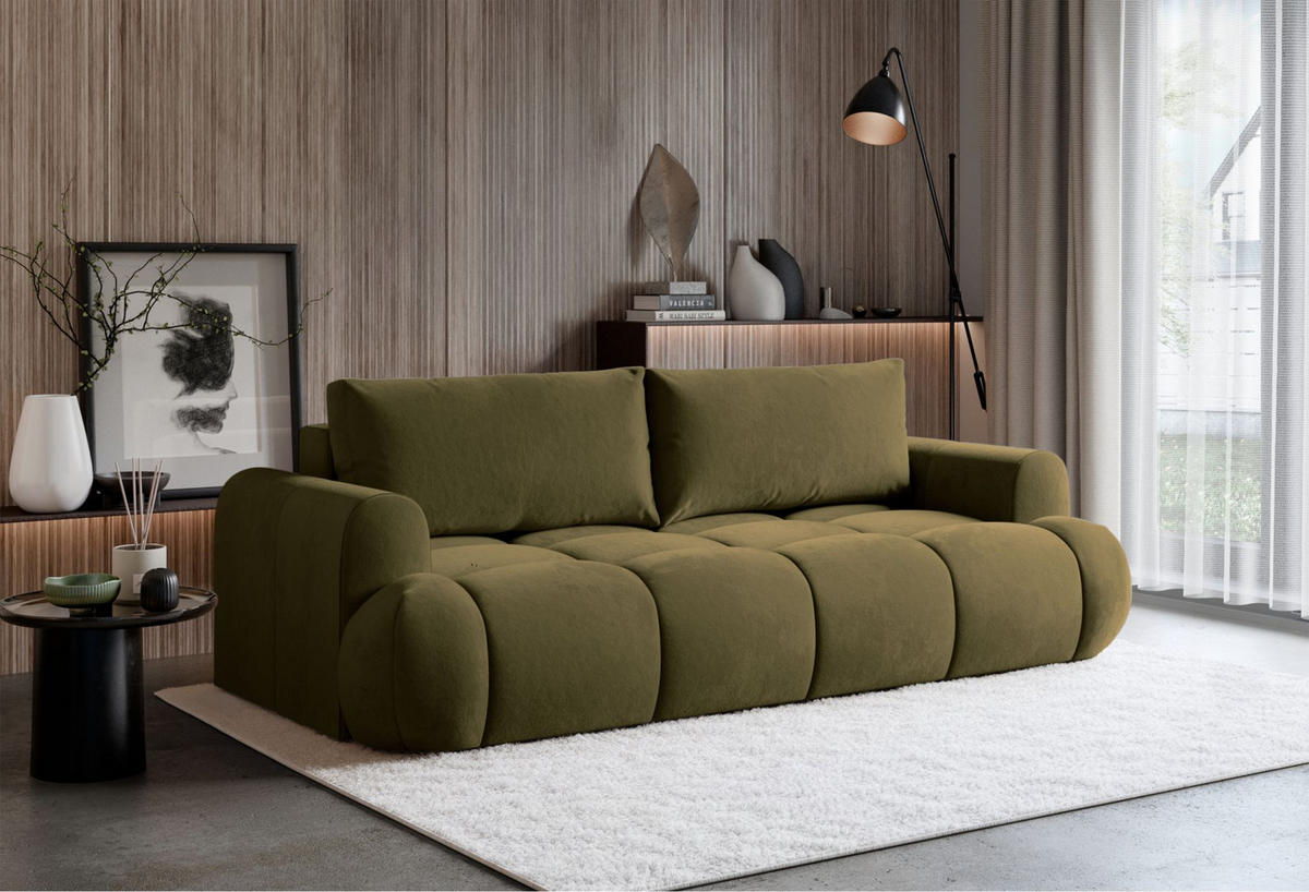 3-SITZER SOFA Ombo Doce Olivgrün wasserabweisender Samt - Schwarz/Olivgrün, Kunststoff/Textil (250/92/110cm) - Selsey
