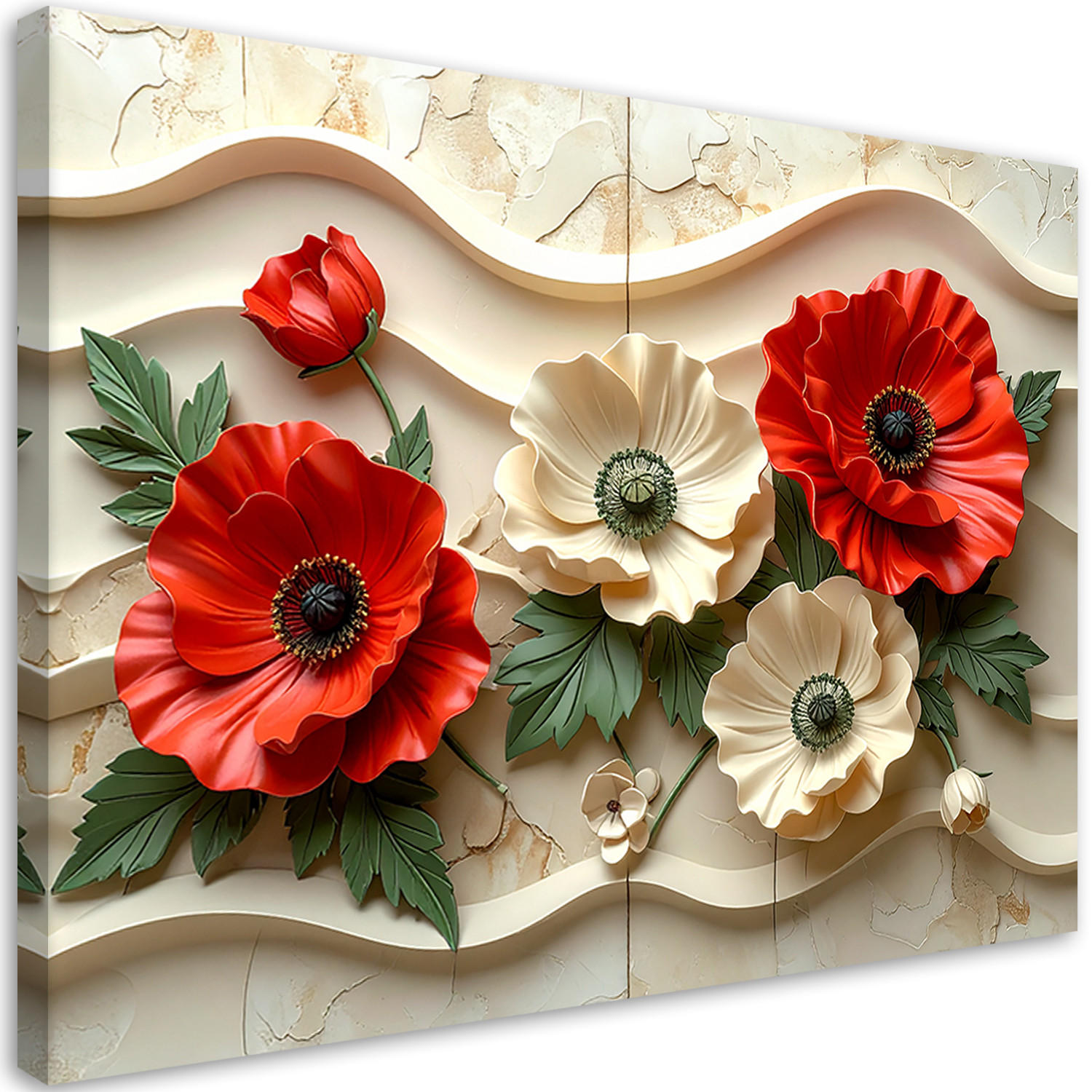 WANDBILD, Rote Blüten auf welligem Hintergrund - Beige, Textil (120/80cm) - Feeby