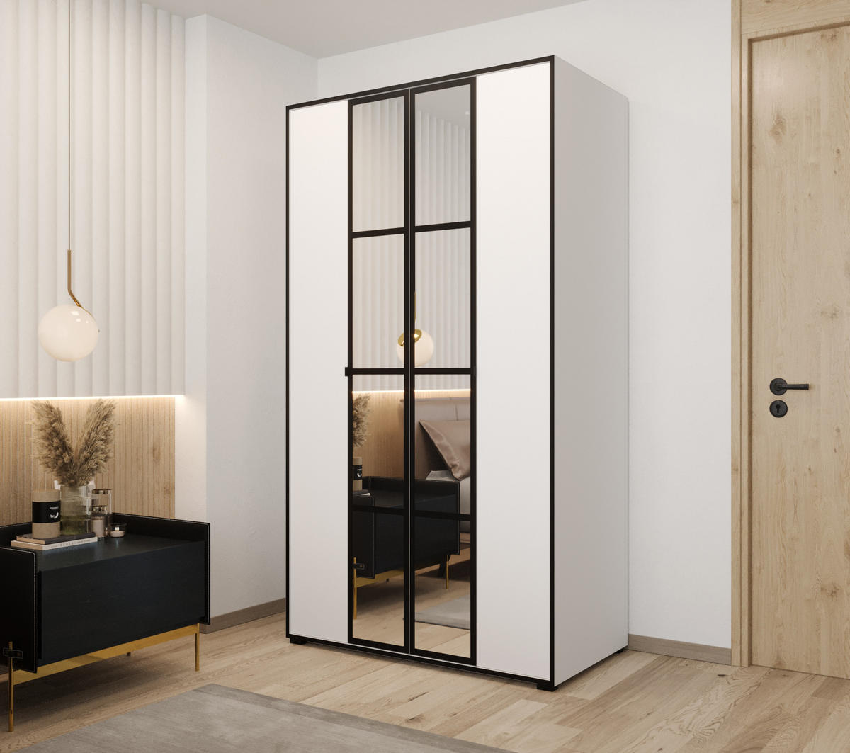 DREHTÜRENSCHRANK MODENA 150, 4-türig Kleiderschrank mit 2 Spiegel, Moderne Garderobe, Schrank in Größe: 150 x 206 x 65 cm - Schwarz/Weiß, Holzwerkstoff (150/206/65cm) - O-Sofa