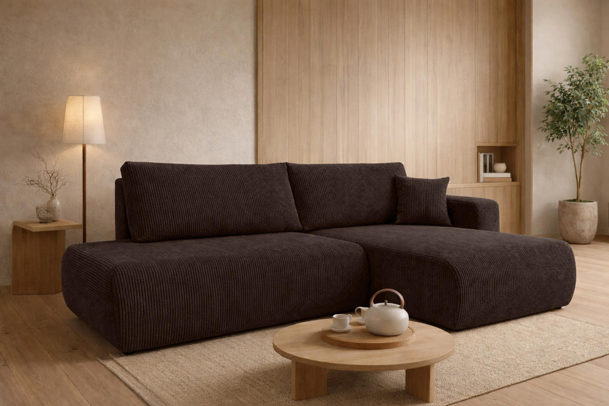 ECKSOFA Mit Schlaffunktion Und Bettkasten, Cordstoff Poso, Braun, Rechts, OPEN XL - Braun, Holz (262/145cm) - Kaiser Möbel