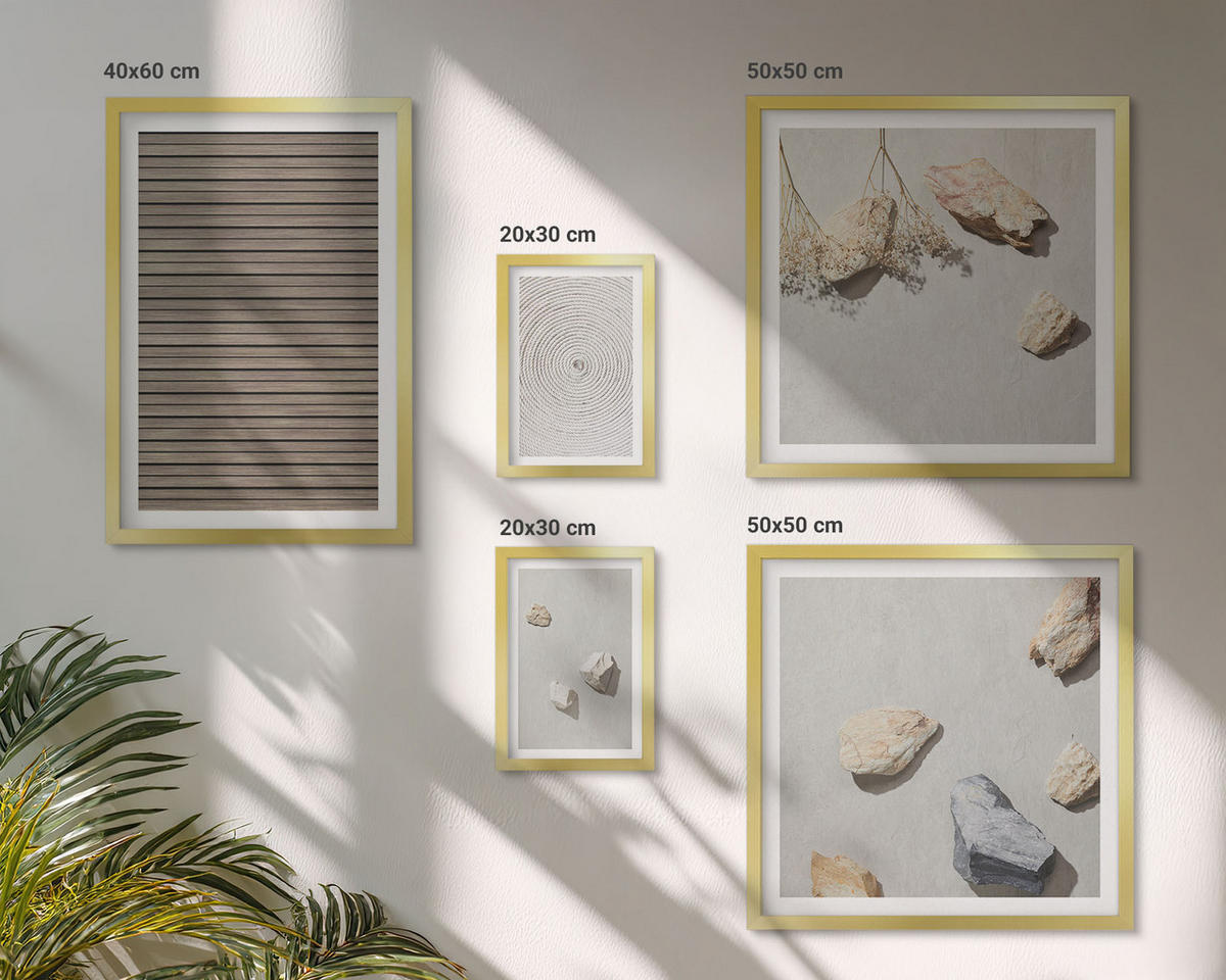 WANDBILDER 5er Set - 50x50 cm & 20x30 cm & 40x60 cm Goldrahmen - Natürliche Texturen Holz Steine - Goldfarben, Kunststoff (40/60cm) - ArtPrintCave
