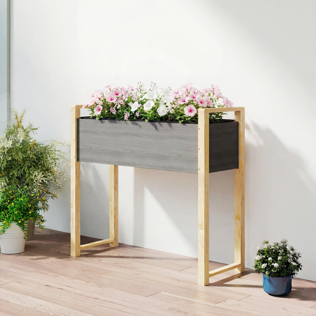 HOCHBEET DE-12316 mit Beinen, 98/37/90 cm, 4 Drainagelöcher Grau - Grau, Holz (98/90/37cm) - ComfortXL
