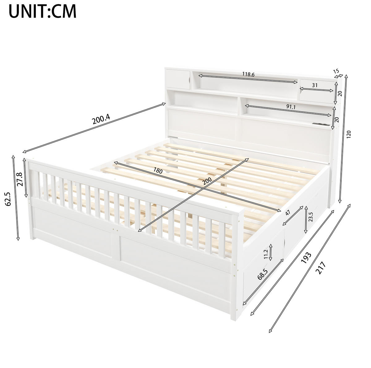 POSTEĽ 180/200 cm biela z MDF a preglejky s LED čelom, policami, USB a 4 zásuvkami - biela, kompozitné drevo (180/200cm) - OKWISH
