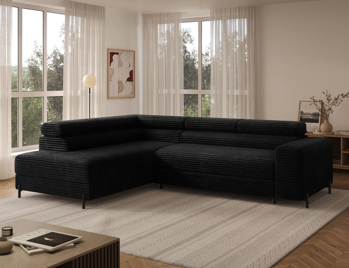 ECKSOFA COLESIO L-Form, Schlaffunktion, Bettkasten, verstellbare Kopfstützen, Wellenfederung, Metallfüße, breiter Cordstoff - Schwarz, Kunststoff/Metall (269/204cm) - Wohnideebilder