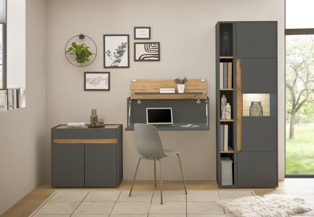 AKTENSCHRANK Grau, Eiche Wotan 50 x 200 cm, Büroschrank mit viel Stauraum und 5 OH - Eiche Wotan/Schwarz, Glas/Holzwerkstoff (50/200/40cm) - Furn.Design