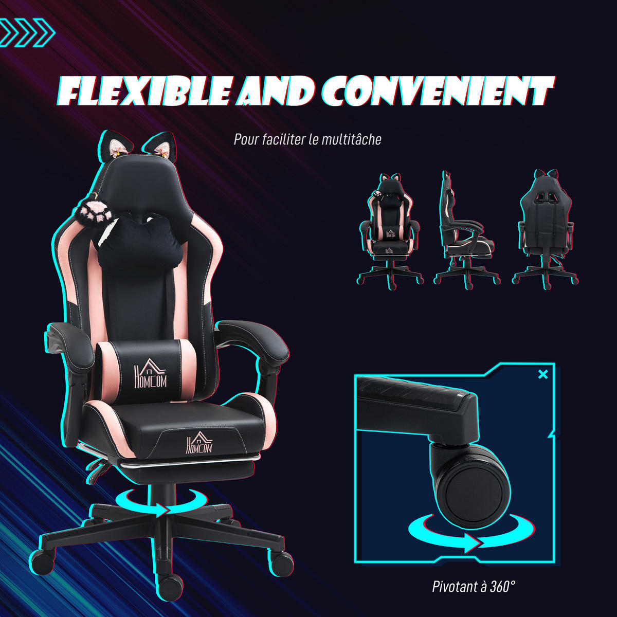 GAMINGSTUHL DE-11855 mit Katzenohren & 135° Neigung Schwarz - Schwarz, Kunststoff (62/124/65cm) - ComfortXL