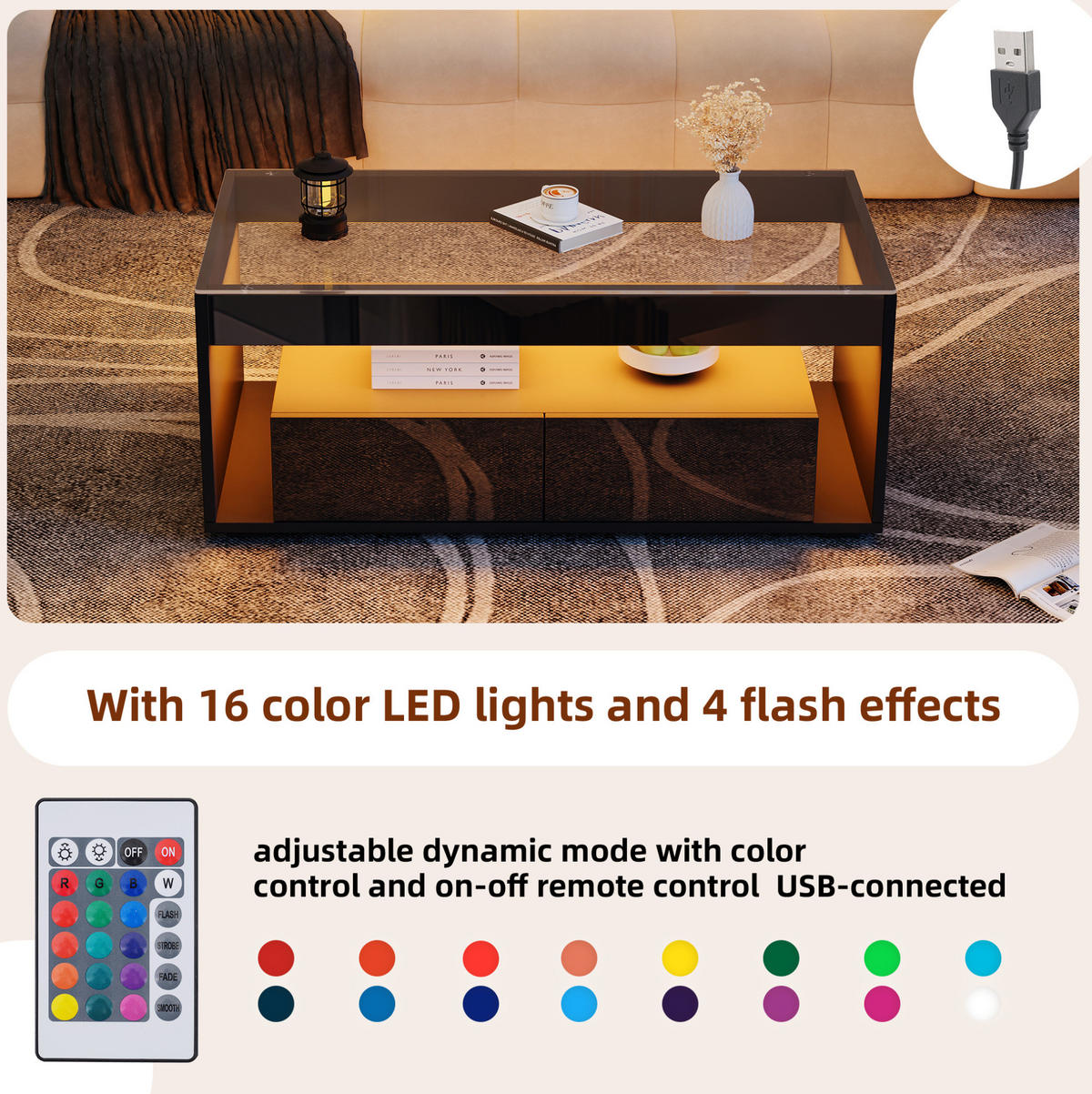 COUCHTISCH 100/50/40 cm schwarz aus Spanplatte und Glas mit LED-Licht - Schwarz, Holzwerkstoff (110/50/40cm) - OKMYHOME
