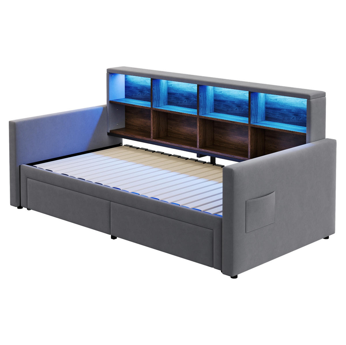 POLSTERBETT aus Samt 90/190 cm mit Ausziehfunktion, LED, USB-C, Stauraum im Kopfteil und 2 Schubladen, Dunkelgrau - Dunkelgrau, Textil (90/190cm) - Redom