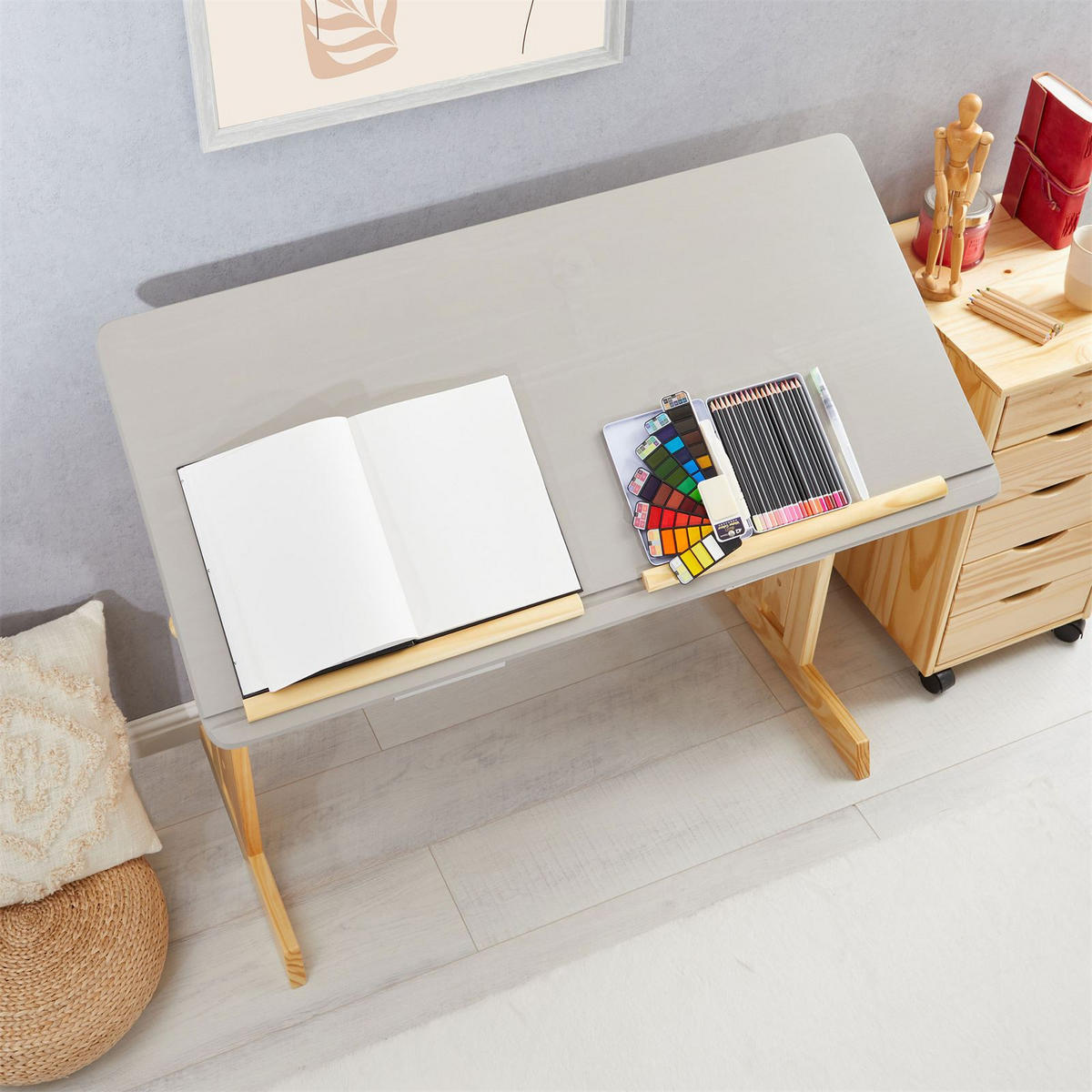 KINDERSCHREIBTISCH OLIVIA - Naturfarben/Grau, Holz (109/130/55cm) - IDIMEX