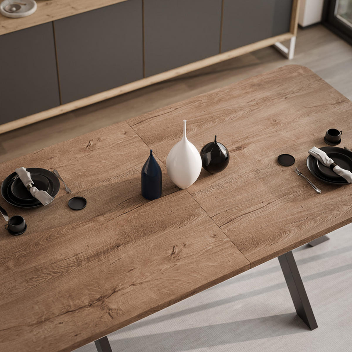 AUSZIEHTISCH DANTON 200/100/76 cm, Schwarz / Lefkas-Eiche - Schwarz/Eiche San Remo, Holzwerkstoff/Metall (100/200/76cm) - Idohome