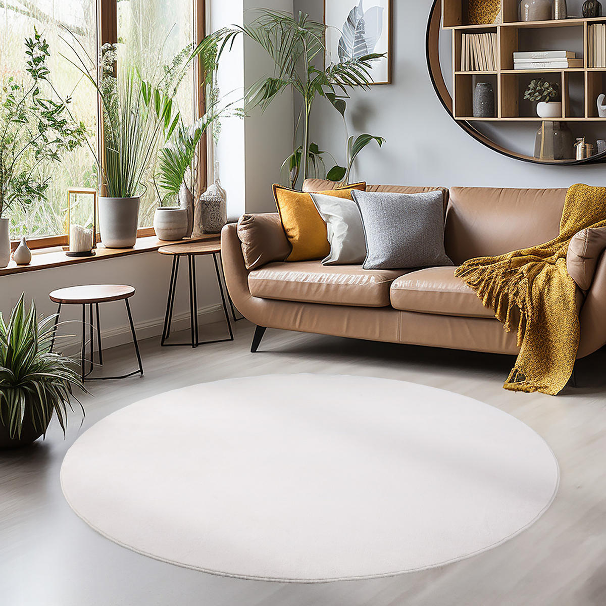 TEPPICH Kurzflor Uni-Farbe Microfaser Antirutsch Wohnzimmer waschbar Creme Rund 160x160 - Creme, Textil (160/160cm) - KADIMA DESIGN