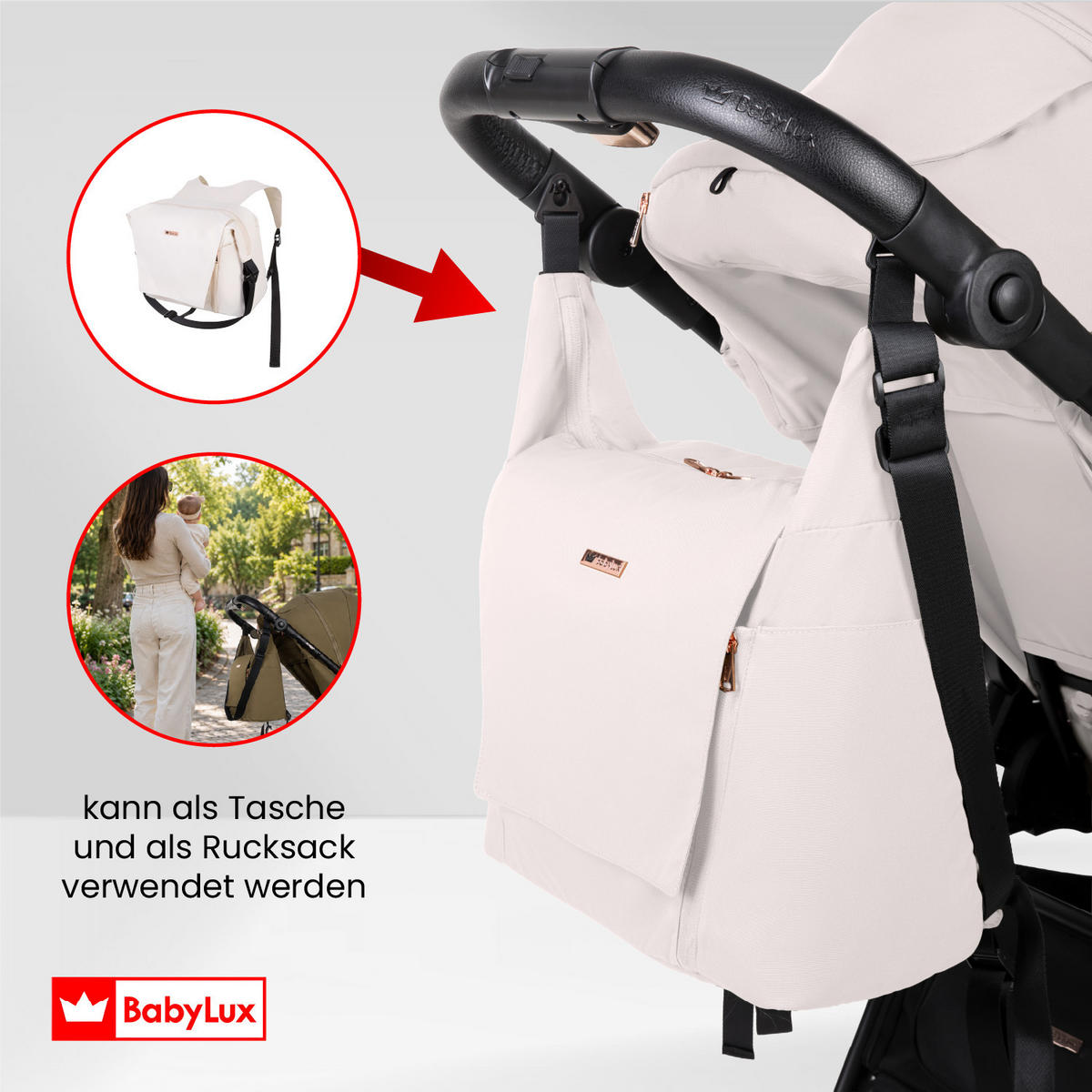 BUGGY Rombo, Klein und Leicht, Teleskopische Führung, Kompakt Faltbar, Wickeltasche, Reisetasche - Schwarz/Weiß, Textil/Metall (58/98cm) - BabyLux