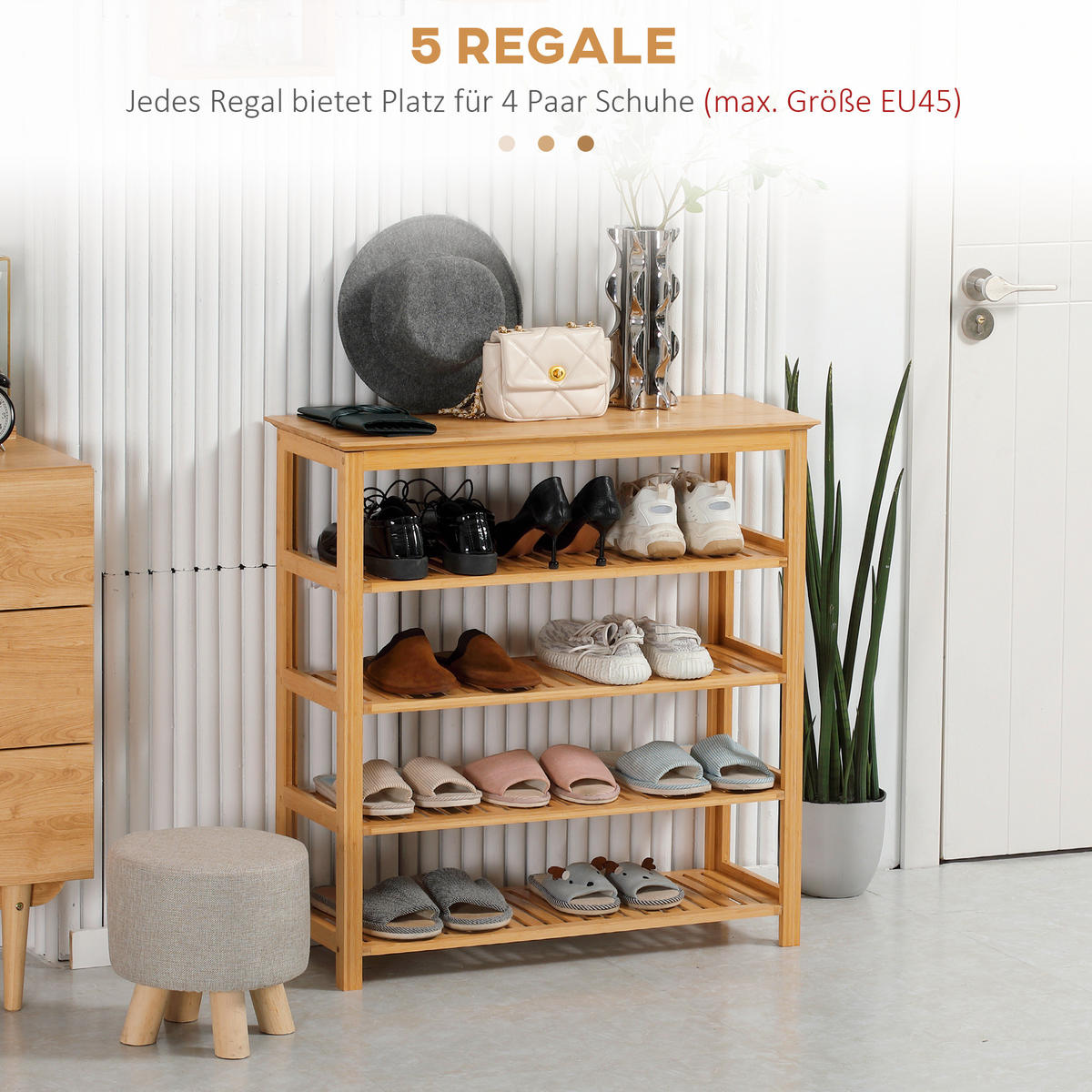 SCHUHREGAL, Schuhständer mit 5 Ebenen, Schuh-Organizer für max. 20 Paar Schuhe - Naturfarben, Holz (29/82/80cm) - HOMCOM