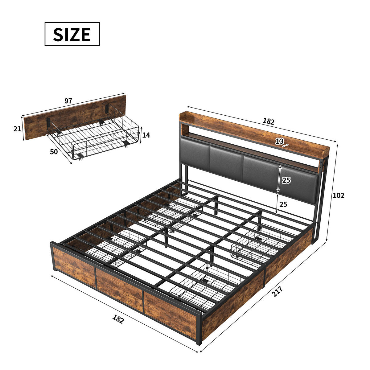 POLSTERBETT 180x200 cm, Schwarz, LED-Beleuchtung, 4 Schubladen - Schwarz, Textil/Metall (180/200cm)