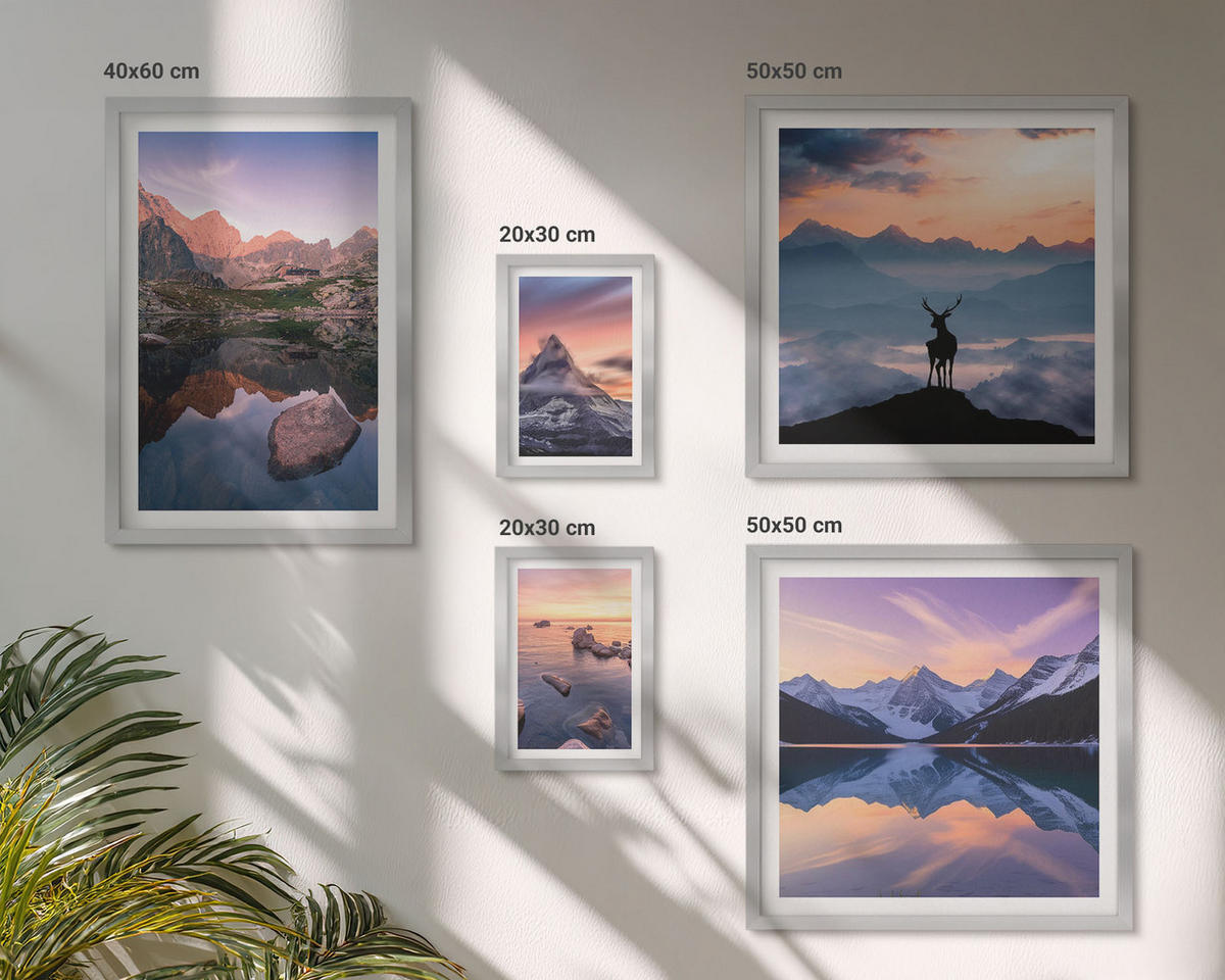BILDER SET 5er Set - 50x50 cm & 20x30 cm & 40x60 cm Silberner Rahmen - Landschaften Berge Seen jelen - Silberfarben, Kunststoff (40/60cm) - TULUP